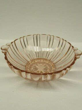 Hocking Depresson Glass Pink OLD CAFE 6 1/4 Inch Footed Tab Handled Bowl